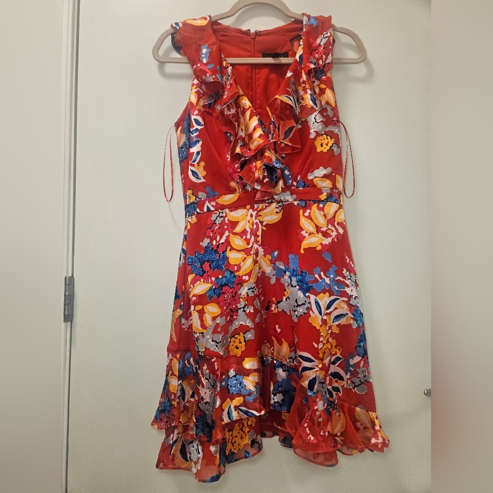 Saloni Cece Floral Print Ruffle Trim Dress in Coral Size 4 - Picture 3 of 9